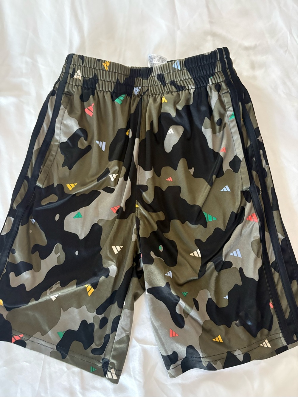 adidas Olive Camo Athletic Shorts with Multicolor Accents